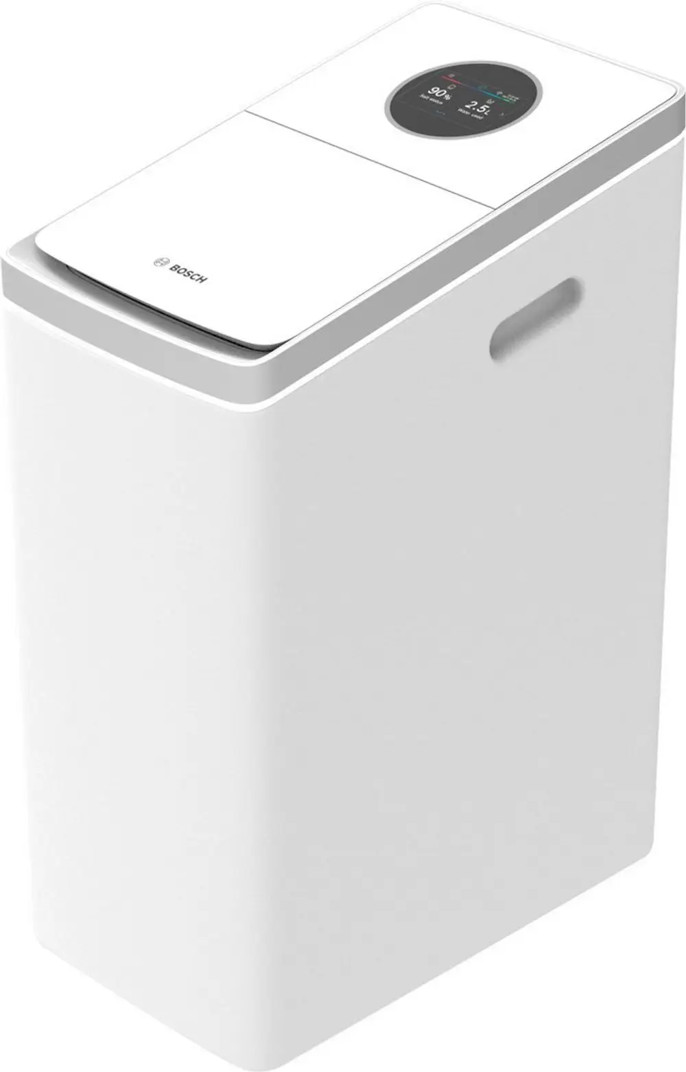 Kompaktes Wasserbehandlungsgerät in Weiß mit einem digitalen Display auf der Oberseite. An der Seite ist ein Griff für die einfache Handhabung sichtbar. Marke: Bosch.